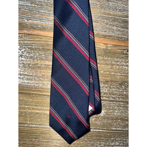 Christian Dior Tie Paris New York Classic Navy Red Stripe Timeless Mens - Picture 5 of 5